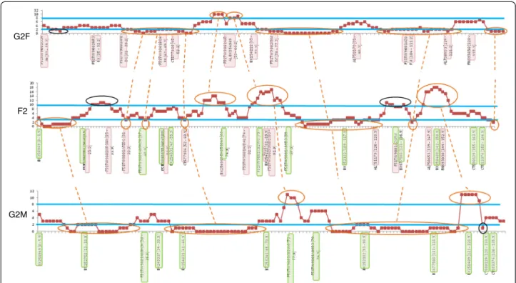 Figure 4 Representation of marker density for linkage group #3 of the G2F, G2M and F2 maps, highlighting recombination coldspots and hotspots [see Additional file 10 for the whole map]