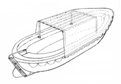 Figure 6: Open lifeboat with canvas exposure cover over hoops, note battens in  cover to give it shape 