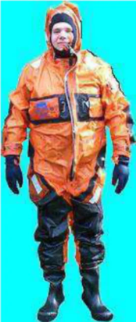 Figure 9: SOLAS immersion suit with boots, additional covering on the knees,  bottom and elbows, streamlined legs 