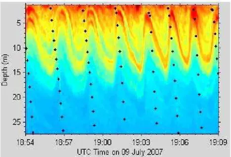 Fig. 2 Typical internal waves in the St. Lawrence Estuary due to density stratified depth  (http://myweb.dal.ca/kelley/SLEIWEX/results.php) 