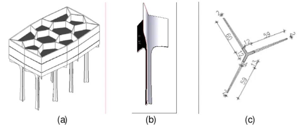Fig. 10.1. FIFA World Cup Pavilion, City of Kaiserslautern, Germany [26] – (a) Schematic view  of pavilion; (b) &amp; (c) geometry of a column (dimensions in cm)