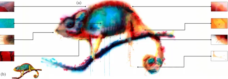 Fig. 1. Watercolor painting (a) of a chameleon figure (b) using the augmented airbrush, showing unique physical details (canvas width 1.5m, painter A.Z.).