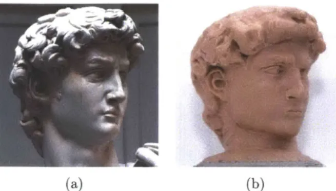 Figure  3-3:  The  head of  Michaelangelo's David, in  the  original marble  (photograph by  Steve  Hanna) (a)  and in  a  6&#34;  tall version made  in  modeling clay  with  our system (b)  using data from  the  digital Michelanglo project [45]
