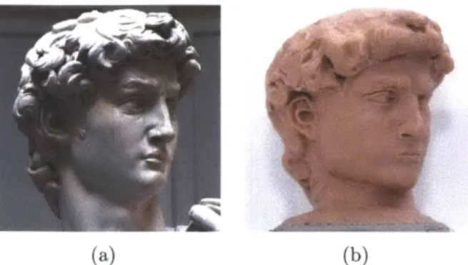 Figure  3-3:  The  head of  Michaelangelo's David, in  the  original marble  (photograph by  Steve  Hanna) (a)  and in  a  6"  tall version made  in  modeling clay  with  our system (b)  using data from  the  digital Michelanglo project [45]