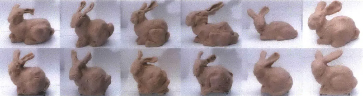 Figure  3-6:  User  testing  results:  After  10  minutes of training and practice, users were  asked  to  sculpt the  Stanford bunny  out of polymer  clay  both freehand (top  row), and also  using our system  (bottom  row)