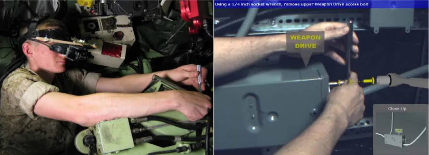 Figure 2.11: APC turret maintenance AR HMD hardware (left) and user interface (right) (Henderson &amp; Feiner,  2011) 