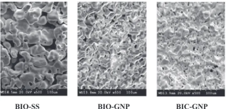 Figure 2. SEM images of three different samples (20% porosity): (1) BIO sample produced by the solid-state reaction, pressed and sintered to 1400 ◦ C for 6 h; (2) BIO sample produced by the glycine-nitrate method and sintered to 1350 ◦ C for 6 h; (3) BIC s