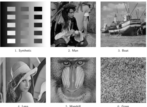 Figure 5: Reference images, with an increasing high-frequency texture content. These images have a size of 512 × 512 pixels, except for Man which has a size of 1024 × 1024 pixels.