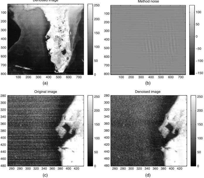 Fig. 13 Florida experiment (3). (a) Denoised image. (b) Estimation of the noise. (c) Close-up view of the noisy image