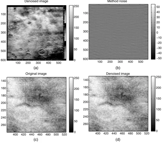 Fig. 3 Mariner 4 experiment (1). (a) Denoised image ^ i . (b) Noise component n ^ . (c) Close-up view of the noisy image