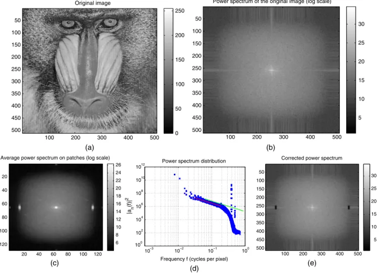 Fig. 4 Mandrill experiment. (a) Noisy image. (b) Power spectrum. (c) Average power spectrum.