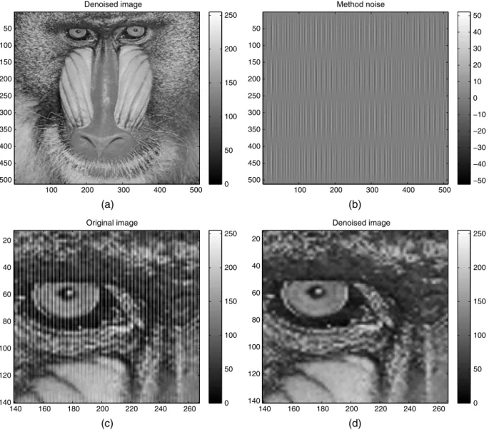 Fig. 5 Mandrill experiment. (a) Denoised image. (b) Estimation of the noise. (c) Close-up view of the noisy image