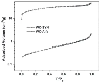 Fig. 3. N 2 adsorption/desorption isotherm curves for WC-Alfa and WC-SYN.