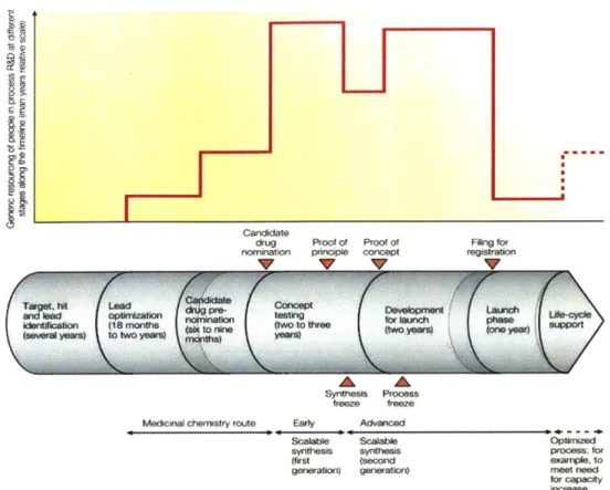 Figure  2-6:  FTE resource  requirements  in  Process  R&amp;D  throughout  drug  development  [131