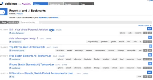 Figure 2-2: Delicious query of URLs that have in common the “ai” and “ui” tags