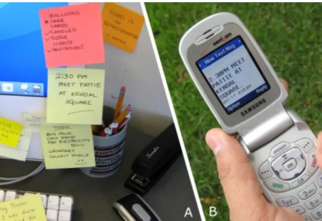 Fig. 1. (A) Sticky notes at user‟s desk (B) Example of a reminder sent to a user‟s mobile phone