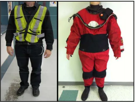 Figure 5.3: Data logger vest (left), and Whites TM  marine abandonment suit (right). 