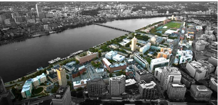 Figure 1-1: The MIT campus in Cambridge, MA located on 168 acres (68 ha) of land that spans approximately  one mile (1.6 km) along the north side of Charles River basin (image source: https://betterworld.mit.edu).