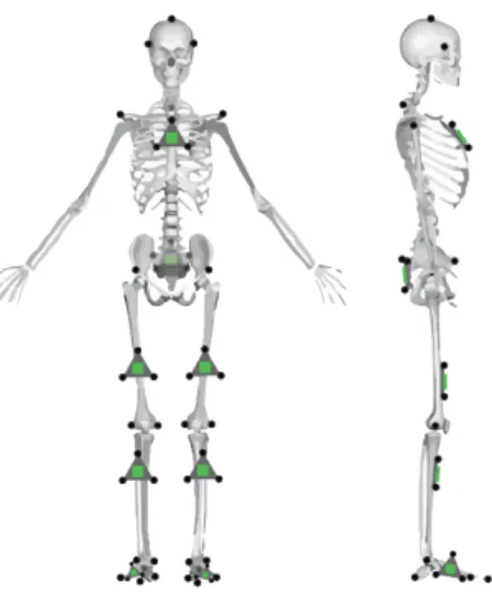 Figure 1. Placement of the reflective markers (black circles) and IMUs (green) on the subject
