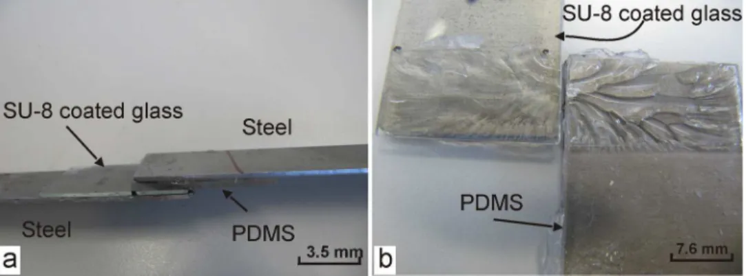 FIG. 3. Lab sheet specimen for testing the bonding between SU-8 and PDMS. (a) before the testing; (b) after the testing.