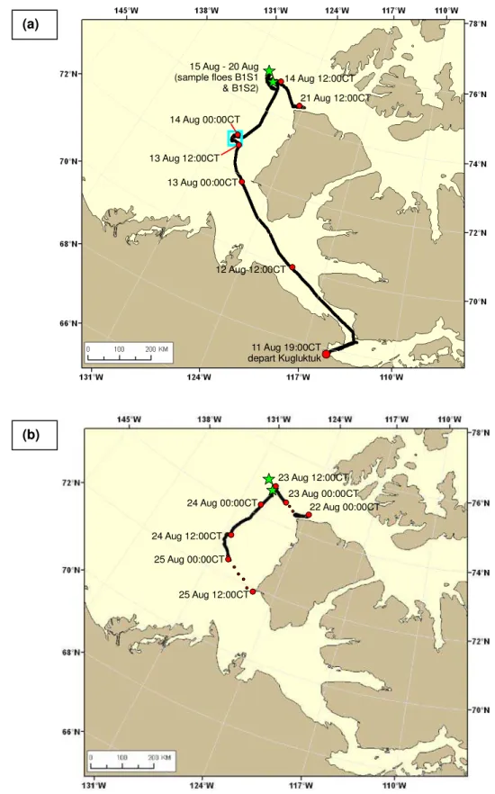 Figure 2  Voyage of the CCGS Amundsen during Leg 2A    (a) from 11 to 20 August and (b) from 22 to 25 August 