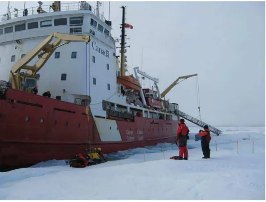 Figure 3  Accessing Floe B1S2 using gangplank towards ship’s stern to provide access for  personnel and forward crane to transport heavy equipment   