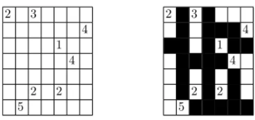 Fig. 1. Initial Nurikabe grid on the left and its solution on the right.