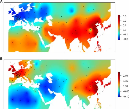 Fig. 2. Geographical projection of the PCoA axes for 632 landraces. (A) PCoA1. (B) PCoA2.