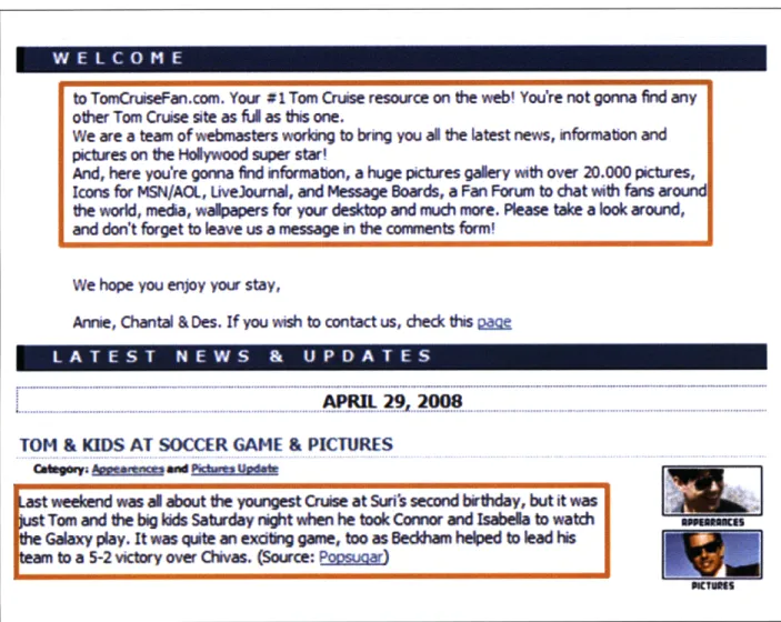 Figure  3-7:  Excerpts  selected  from  http://www.TomCruiseFan.com  (shown in orange boxes)
