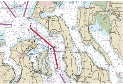 Figure 2-2: NOAA Chart 18440 Separation Zone. Letters on the chart correspond to the coordinates in 33 CFR 167.1323.a for a separation zone in the Puget Sound TSS.