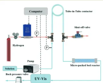 Fig. 1 Schematic of the automated flow system based on the tube-in- tube-in-tube contactor and micro-packed bed reactor for the accurate determination of gas – liquid – solid hydrogenation kinetics.