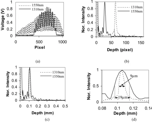 Fig. 4. (a) Measured interference signals at 1310 nm and 1550 nm when put a mirror at 100 μm distance from the end surface of the  GRIN fiber probe