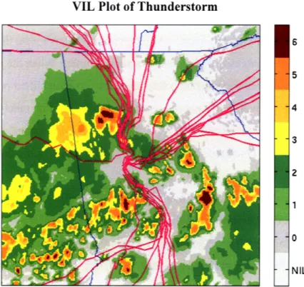 Figure 2.2.  Plot of VIL and  departing  flights  on July 22,  2006  at 21:30.  A severe thunderstorm  is occurring  and flights  maneuver  away from their  normal  flows  in order to avoid  severe weather