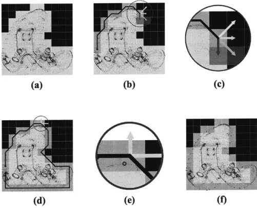 Figure  3-2:  Outlining  procedure.  (A)  Compartmentalize  projected  points  (B-C)  De- De-termine  boundary  grids  with  left-looking  outlining  technique  (D-E)  Select  point  in each  grid that  is  closest  to the  outer  edge