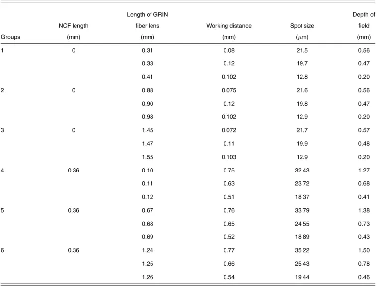 Table 2 Focusing properties comparison between different designs of GRIN fiber probes.