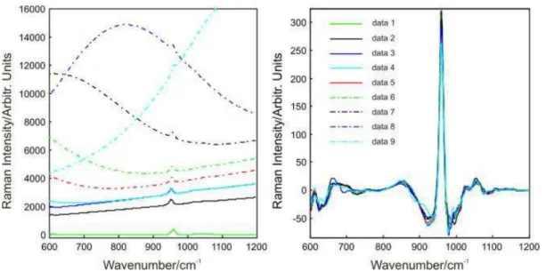 Figure 1. Wavelet reconstruction of simulated cross-polarized Raman spectra of sound enamel: (left panel) original spectra with  varying background levels (data 1 is the original spectrum with data 2–9 being the spectra with sequentially increasing backgro