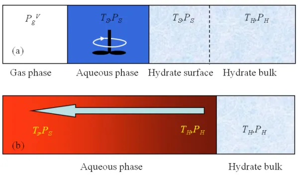 Figure  1. (a)  The  temperature  and  pressures  of  the  gas,  aqueous,  and  hydrate  phase  during  hydrate  decomposition according  to  the  intrinsic  kinetics  mechanism