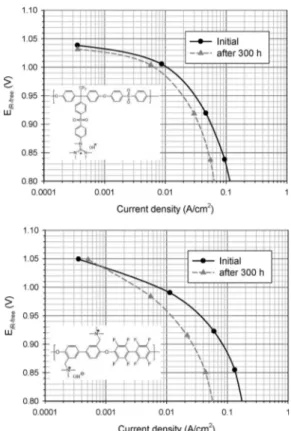Figure 3. iR-free H 2 /O 2 polarization curves of AMFCs using M-PAES- M-PAES-TMG and benzyl-trimethyl ammonium functionalized poly(arylene ether) in the catalyst layers before and after 300 h lifetime test.