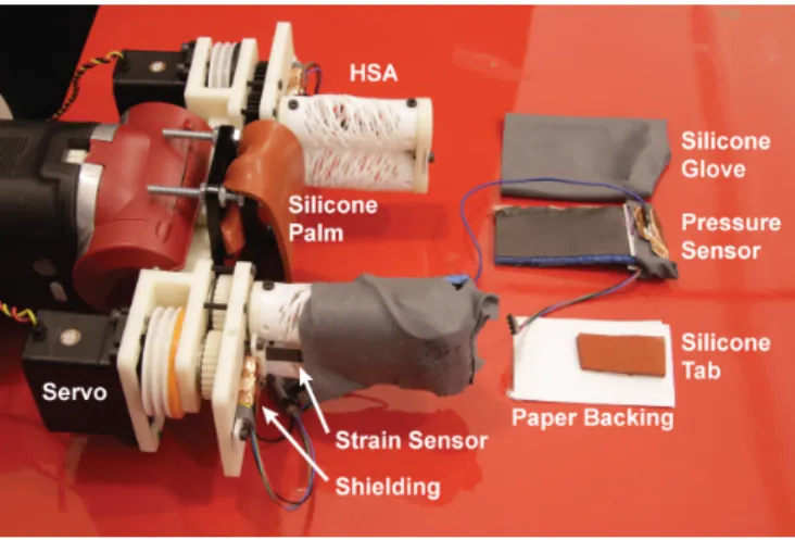 Fig. 2. Overview of the soft robotic gripper. We remove the glove on the top finger to reveal the internal layers on the table