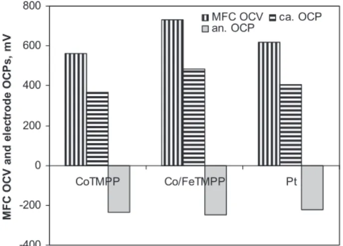 Fig. 5 e MFC OCV and electrode OCP (plotted vs NHE) measured during CoTMPP CoTMPP/FeTMPP, and Pt cathode tests in the MFC operated with the same anode and fed with CO.