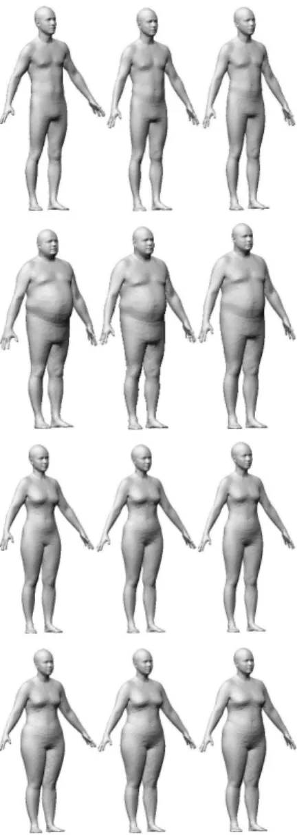 Figure 3. Shape prediction results. On each row from left to right: the original shape, predicted shape using linear regression and predicted shape using PCT.