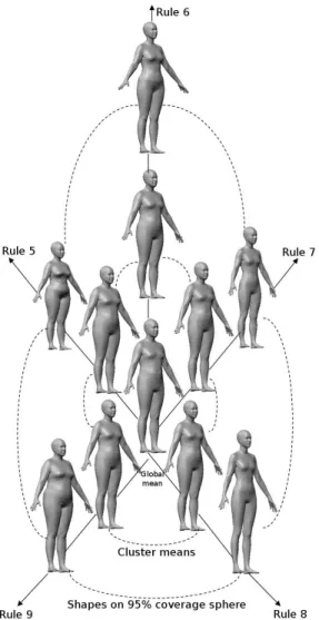 Figure 7. Female body shapes on cluster centers and 95% coverage spheres.