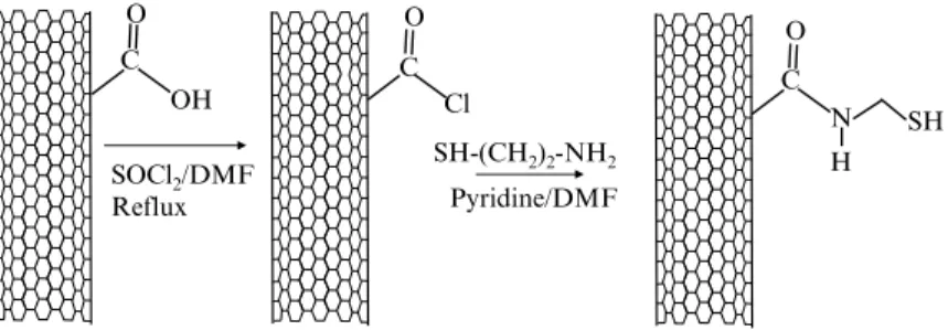 Fig.  3.  Conversion  of  carboxylate  group-containing  carbon  nanotubes  (COOH-CNTs)  to  thiolated  CNTs,  which  can  be  used for covalent coupling with gold nanoparticles or gold-labeled biomolecules.