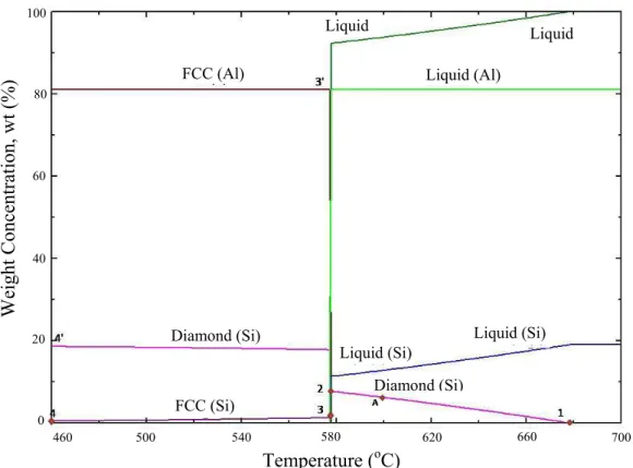 Figure 7. Al-19%Si binary alloy phase (FactSage Software). The liquidus (677 o C) and Al-Si eutectic nucleation (578 o C) temperatures corresponds with data obtained from thermal analysis experiments (see Table 2)