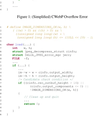 Figure 1 presents (simplified) CWebP source code that contains an integer overflow error