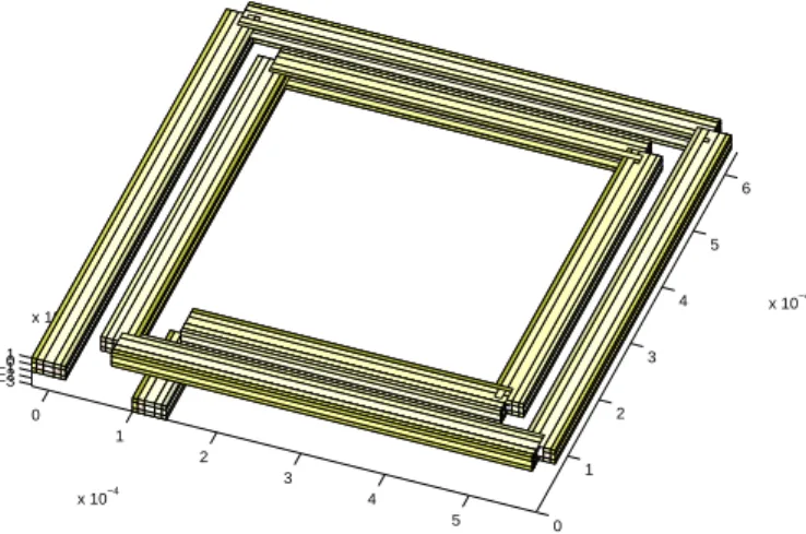 Figure 2: Planar spiral two-turns RF-Inductor used for the analysis in this work. In this picture the volume discretization of the wires is made visible: the picture is not to scale