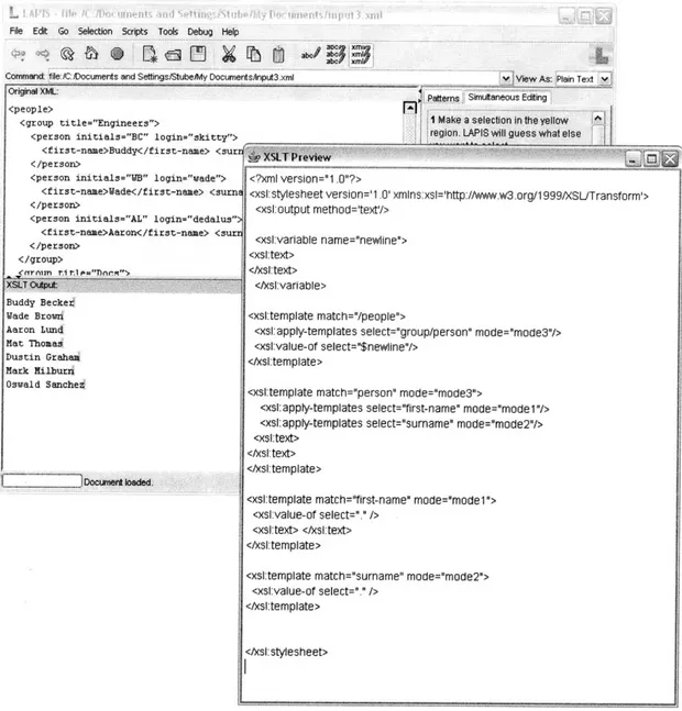 Figure  3-3:  After  the  last names  are  pasted  into  the  output,  one  following  each first  name, the  output  document  has  reached  its desired  state (in  the  background)