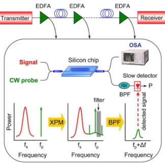 Fig. 1. Conceptual diagram of silicon-chip-based instantaneous GVD moni- moni-toring. This scheme is suitable to be operated at nodes, after in-band EDFA in recon ﬁ gurable networks.