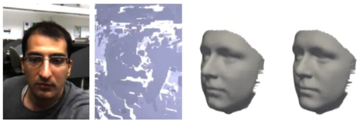 Figure 4. Fitting the model to a laser scan. Left to right: point cloud, reconstruction before refinement, after refinement, original mesh.