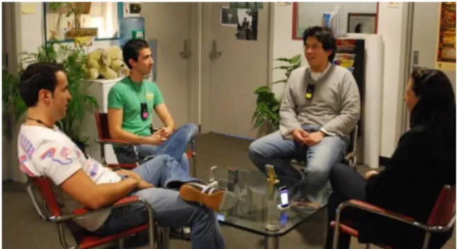 Figure 1: Example of an interacting group wearing  sociometric badges around the neck